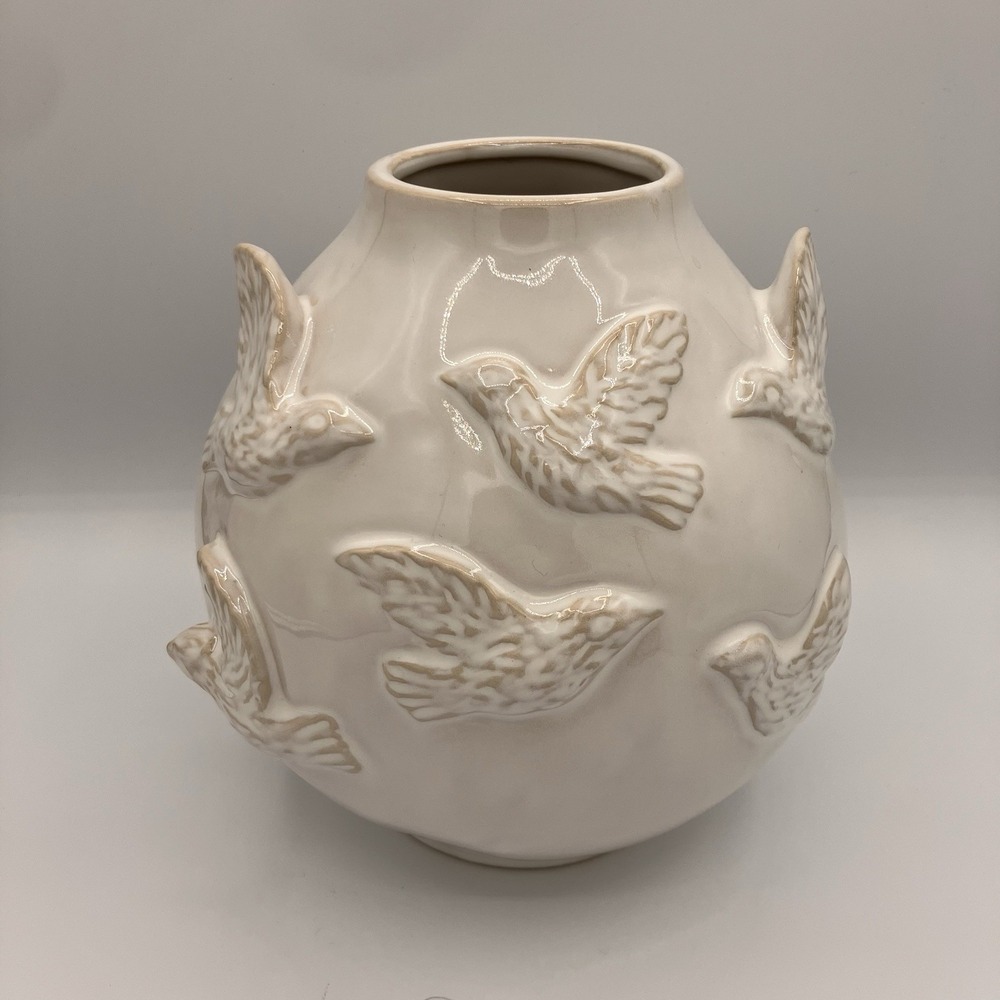 NEW  Decorative Vase 3D Birds Off White Ceramic Home Decor Gift 8" Tall